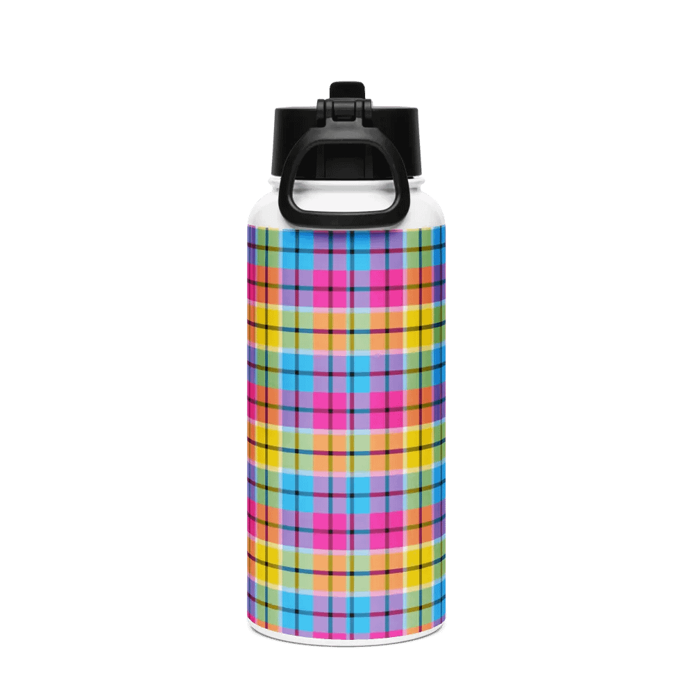 Hot Pink, Turquoise, and Yellow Plaid Water Bottle product image (3)