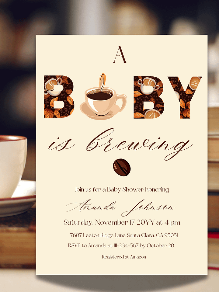 Coffee Themed Baby Shower Invite, Rustic Brown Baby Shower Party, A Baby is Brewing Brunch Invitation, Digital Download Canva Template product image (1)