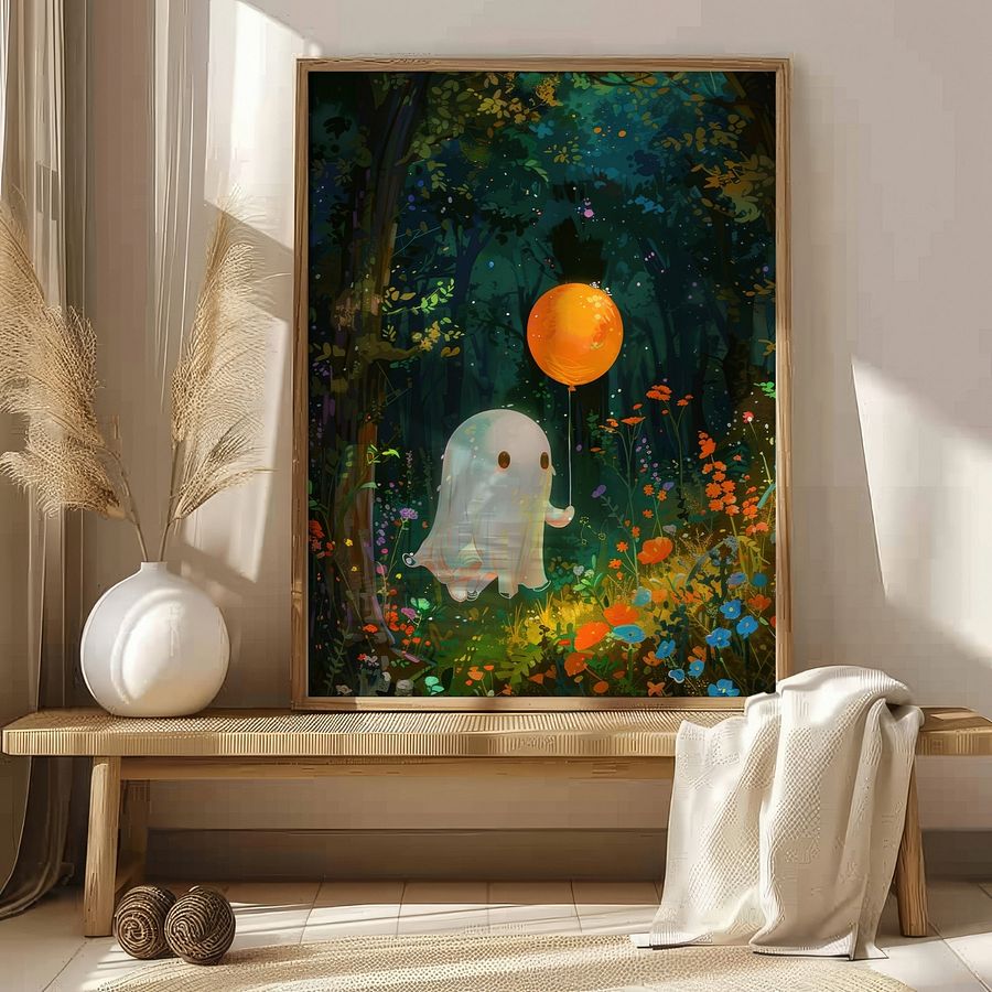 Cute Ghost with a Balloon Whimsical Halloween Art Print product image (1)