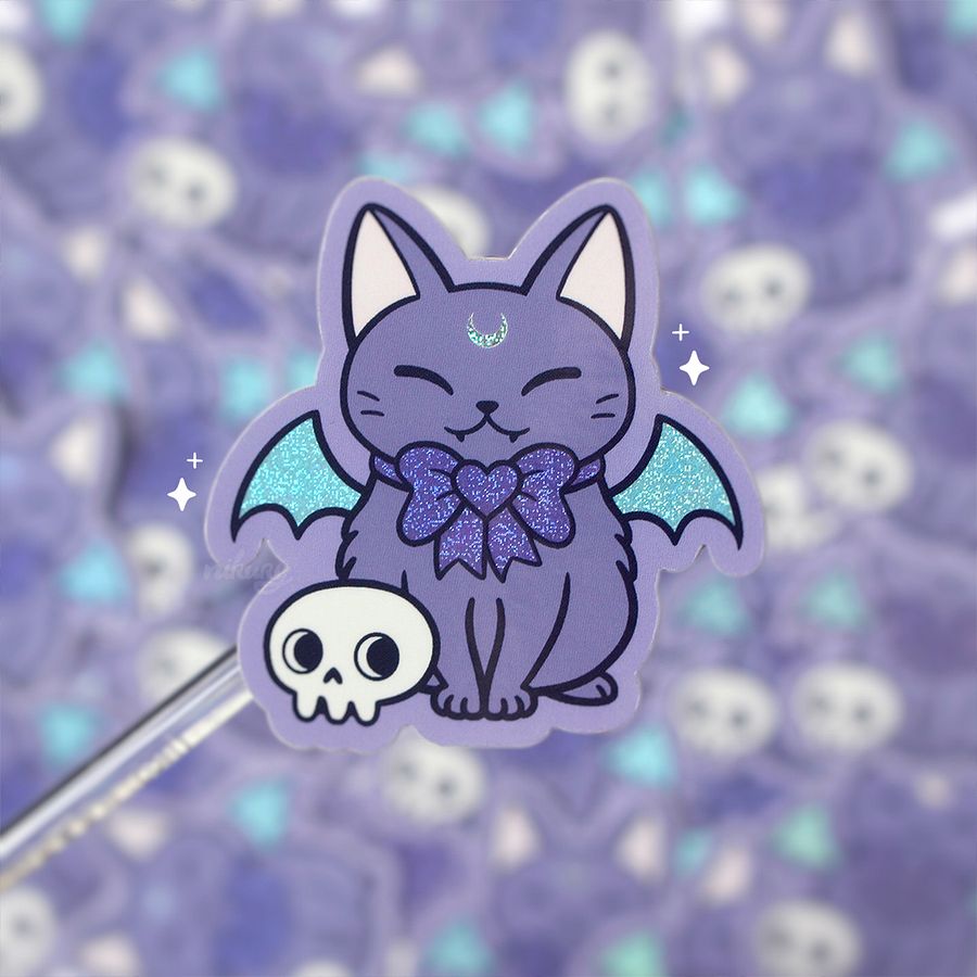 Spooky Cute Bat Cat Glitter Vinyl Stickers product image (1)