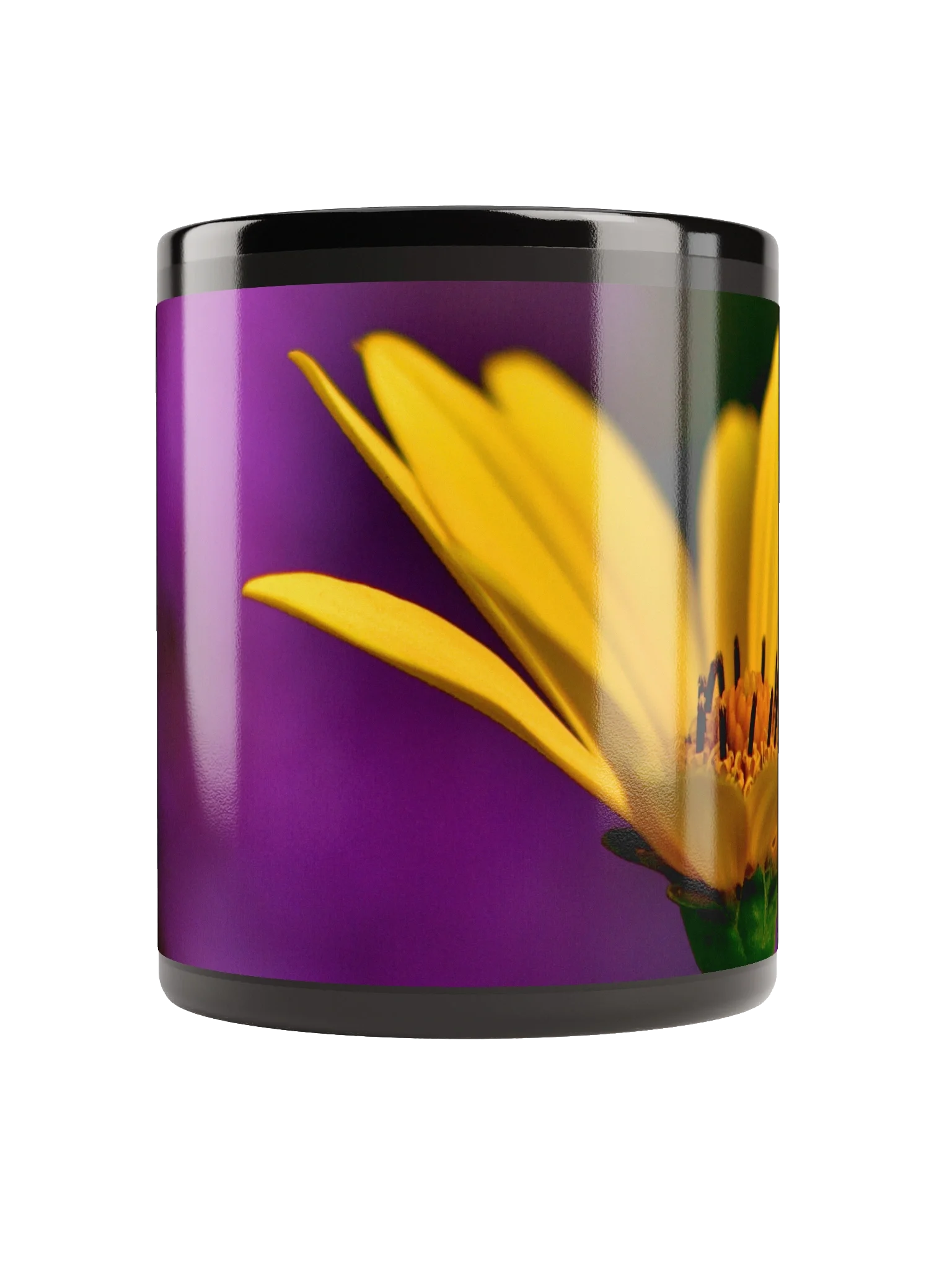 Keramiktasse schwarz - leuchtend gelbe Blüte vor violettem Hintergrund product image (5)