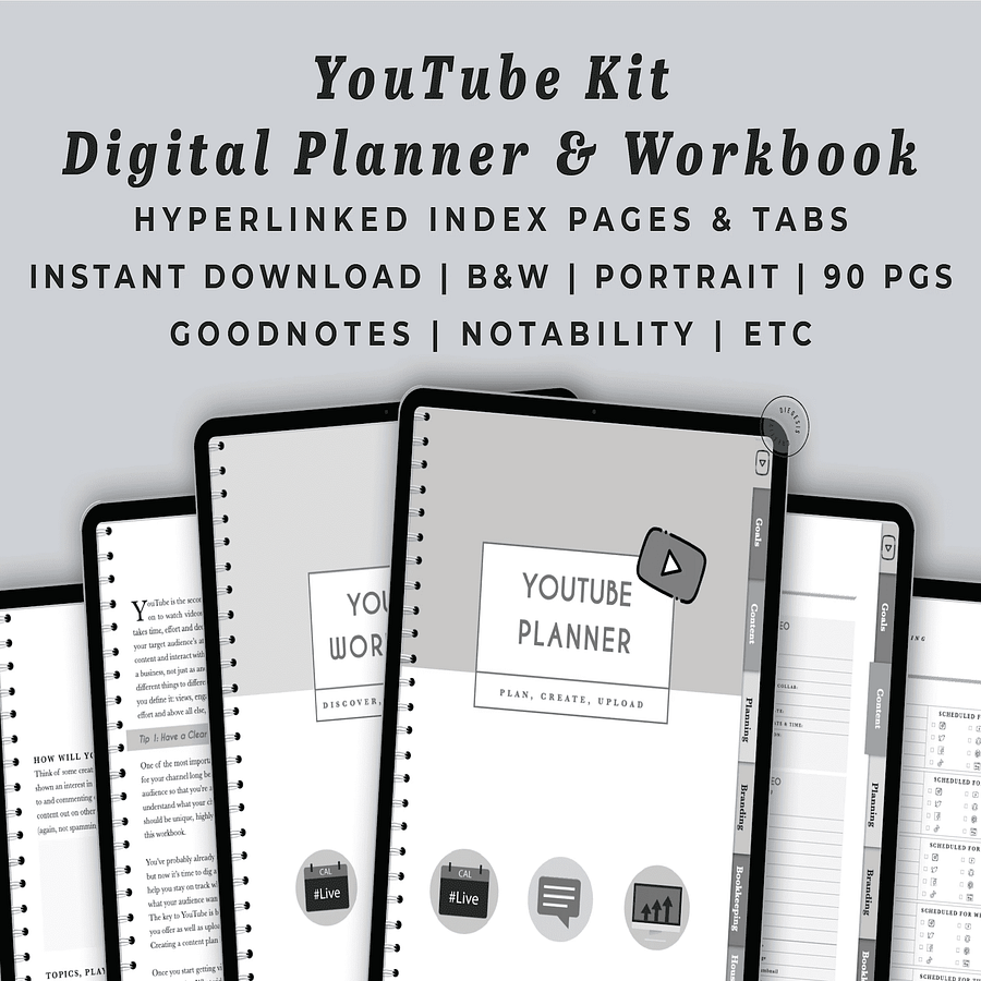YouTube Digital Planner and Workbook Kit - Grayscale product image (1)