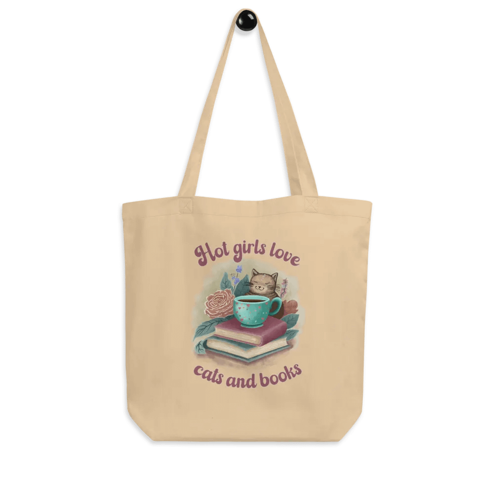 Hand-drawn cat floral canvas tote bag, Gift for a book lover - Hot Girls Love Cats and Books product image (4)