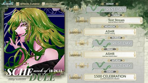 🐍 SCHEDULE NOV 18 - 24🐍 

WE CELEBRATING 1500 ON TWITCH THIS SUNDAY WITH A SPECIAL ASMR RP STREAM!

It will be fully scripted...