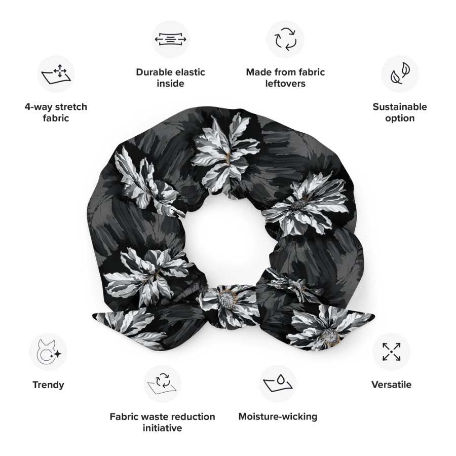 Hair Scrunchie - Painted Gray Flowers on a Black Background product image (12)