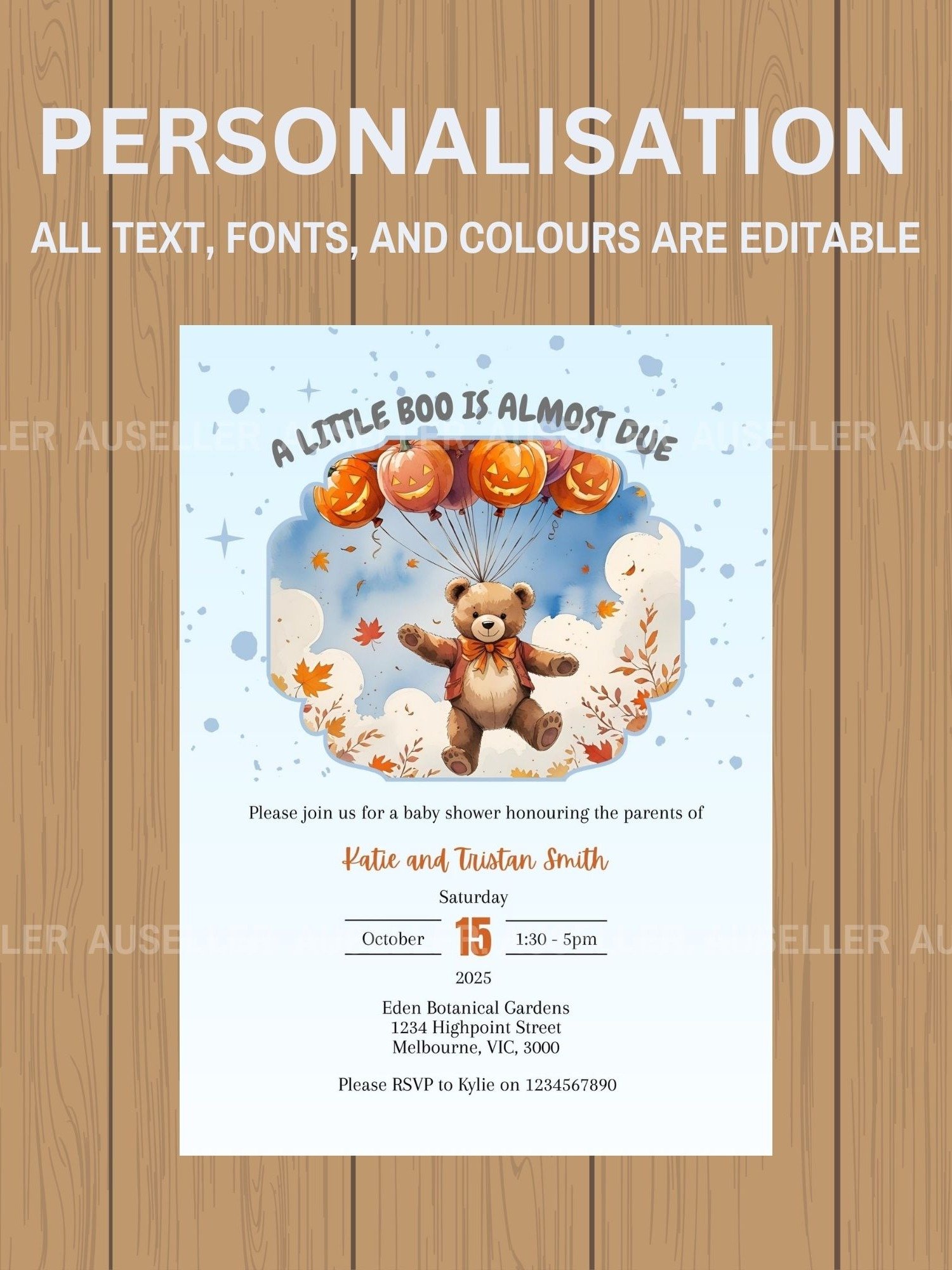 Teddy Bear In Sky With Pumpkin Balloons Halloween Baby Shower Invitation product image (5)