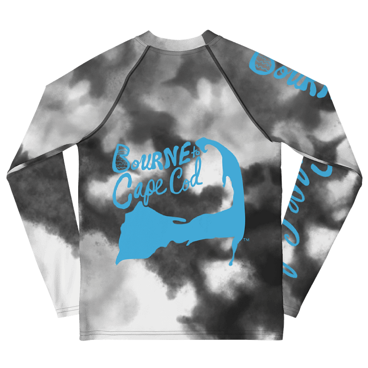 YOUTH | Rash Guard | BRN.2C.C.™ Front Graphic | BOURNE to Cape Cod™ Sleeve & Back Logo | Coastal Swim Shirt for Kids | UV Protection Activewear | Blue Logo on Dark Grey Tie-Dye product image (2)