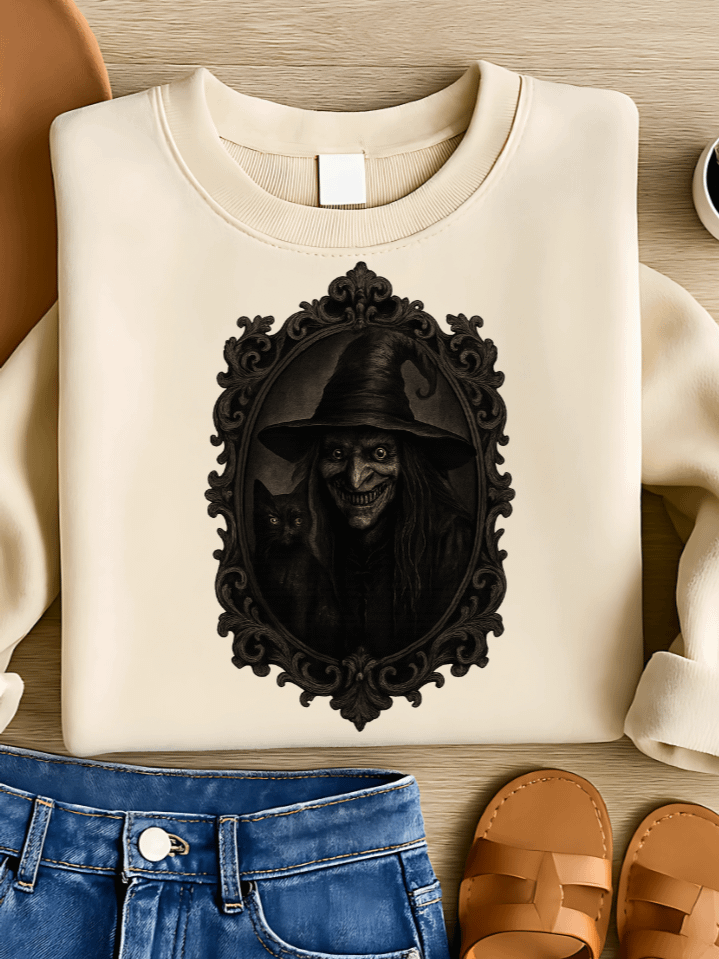 Grinning Witch Portrait Sublimation PNG – Creepy Halloween Clipart for T-Shirts – Gothic Frame & Black Cat Theme – 300 DPI Instant Digital Download product image (1)