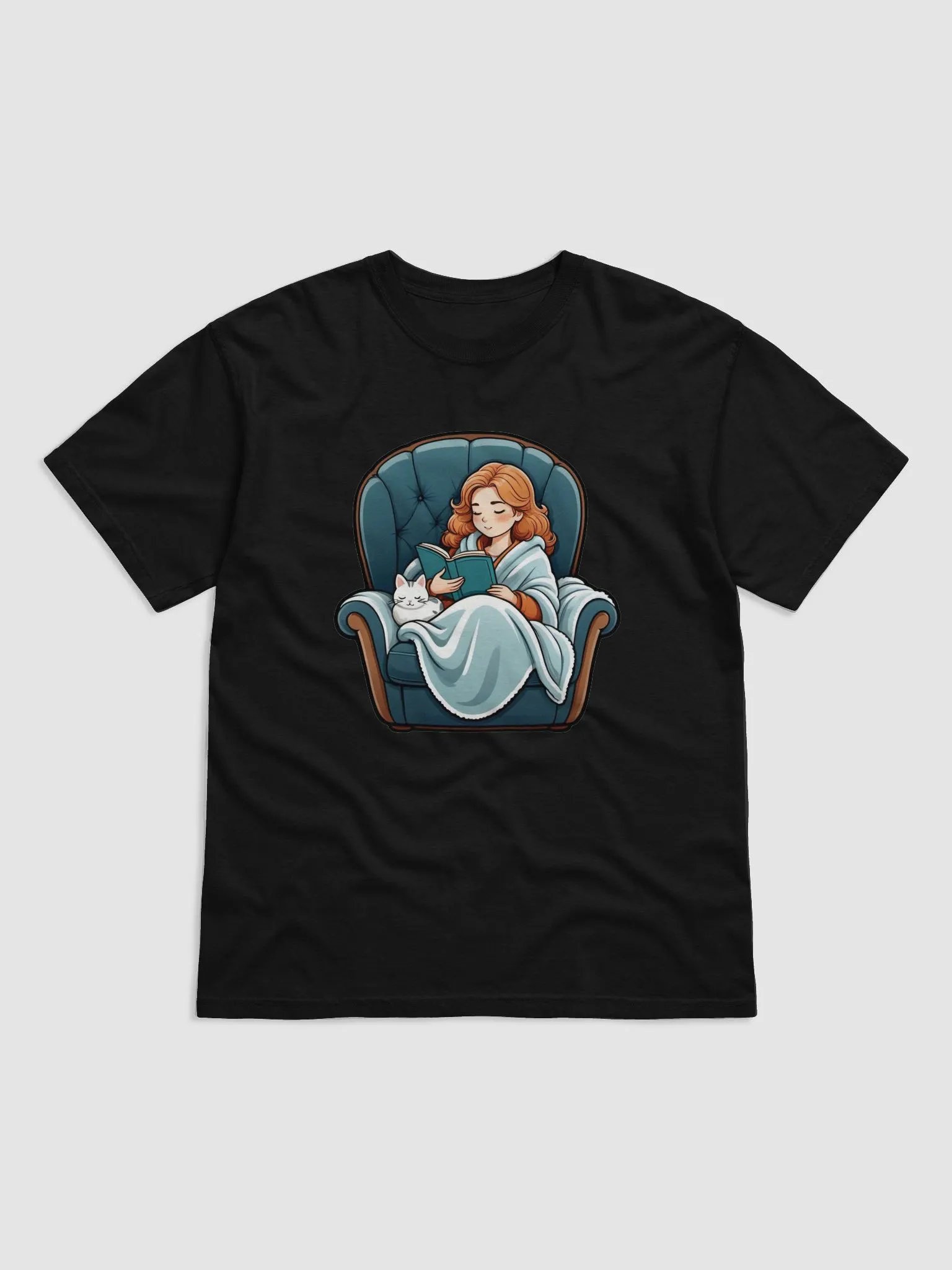 Purrfectly Bookish Cartoon T-Shirt product image (1)