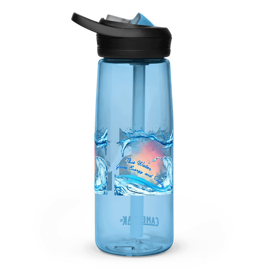 Camelback water bottle with beautiful swirly blue water drops  featuring ' This water gives energy and vitality
