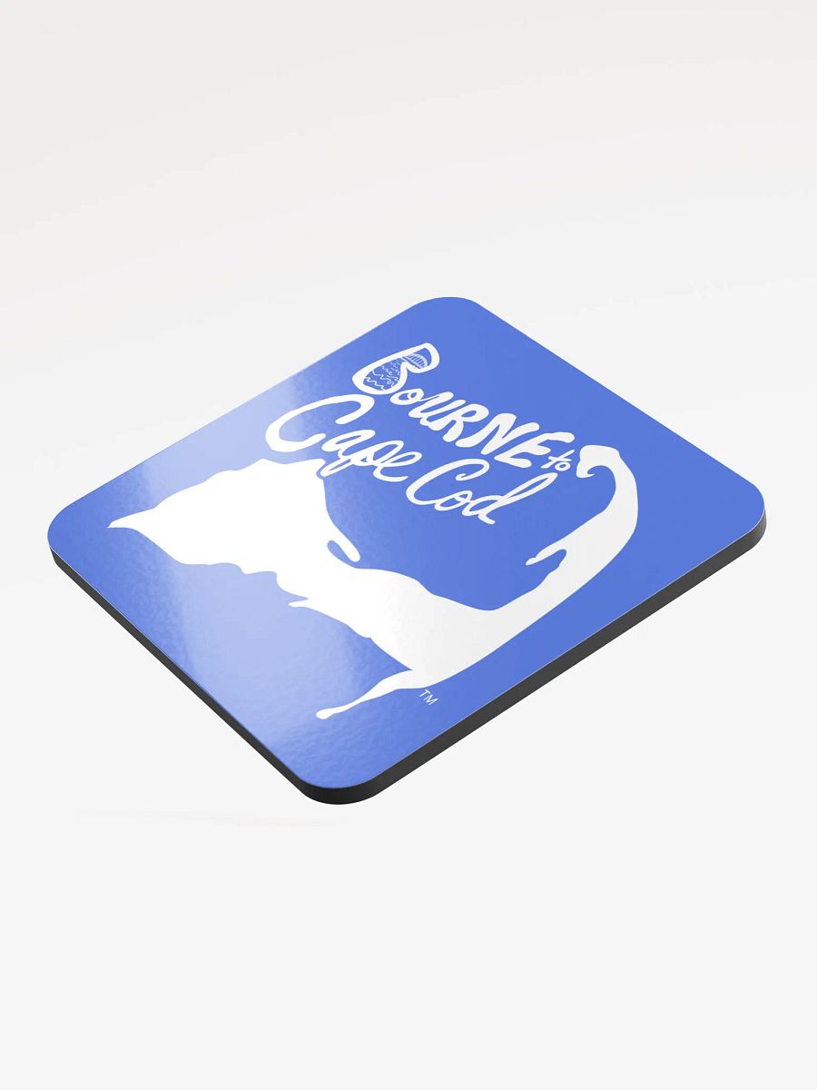 BOURNE to Cape Cod™ | Coastal Coaster | Glossed Cork | Eco-Friendly | Minimalist Coastal Decor | 3.74" Square | White Logo on Royal Blue product image (3)