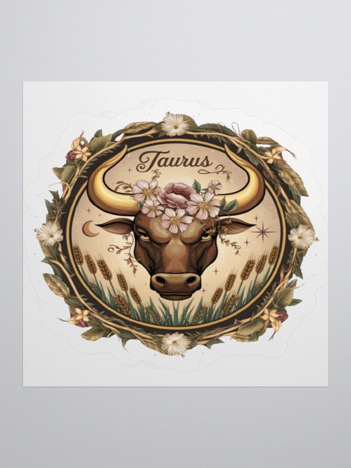 Exquisite Taurus Zodiac Sticker: Bull with Floral Wreath - Durable Vinyl product image (2)