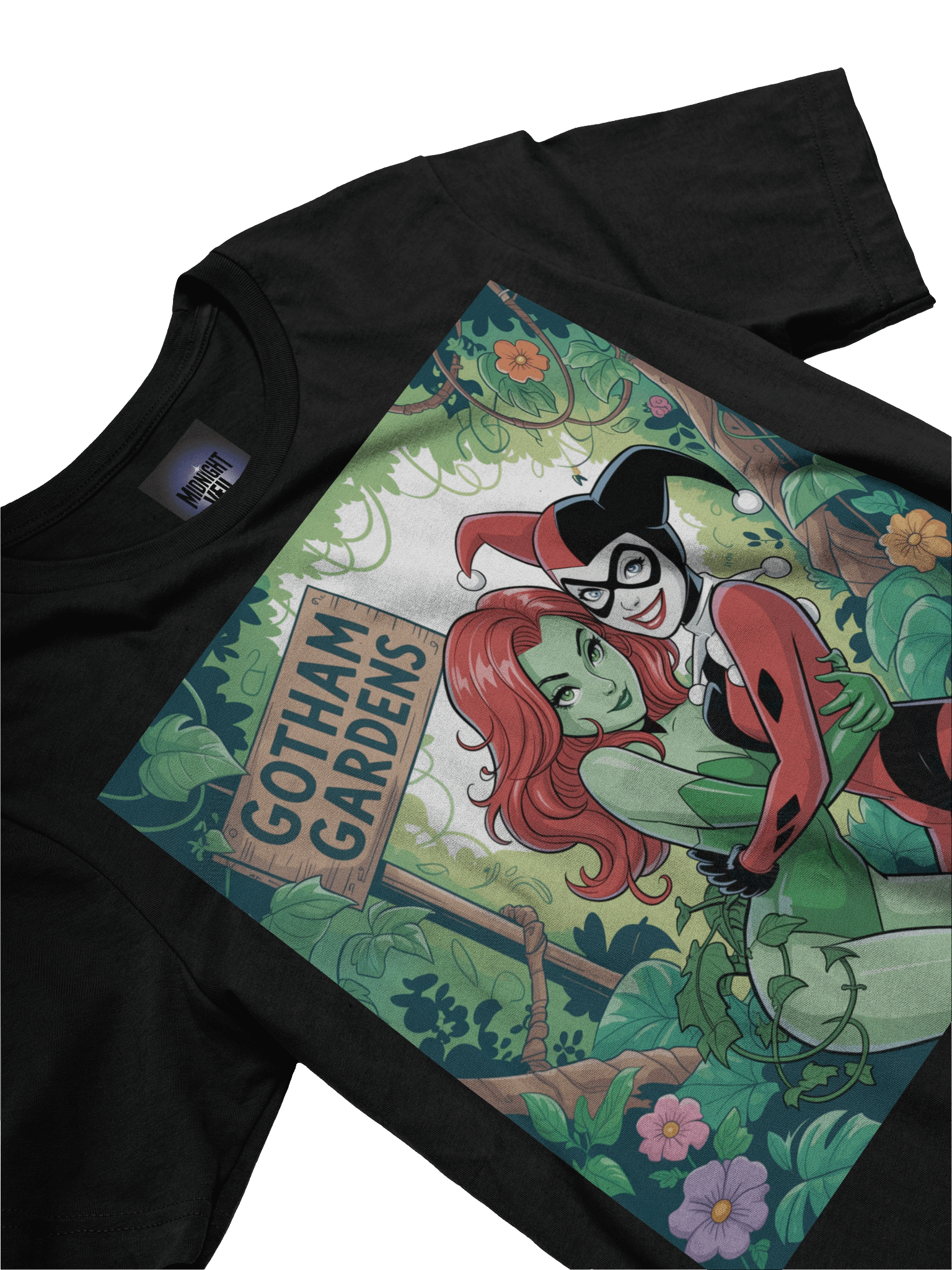 Gotham Gardens Embrace: Poison Ivy and Harley Quinn's Verdant Vines Graphic Tee product image (5)