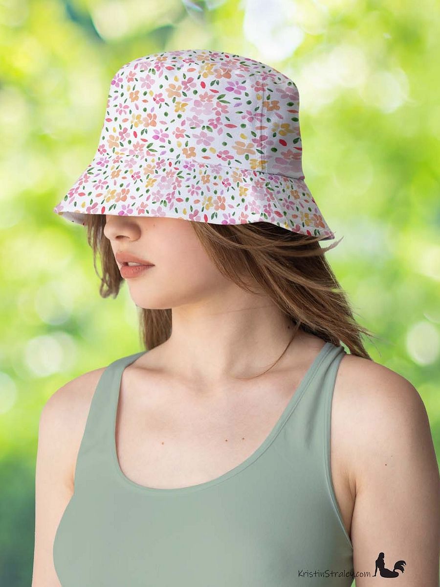 Spring Flowers on White Reversible Bucket Hat with Petal Confetti on White product image (6)