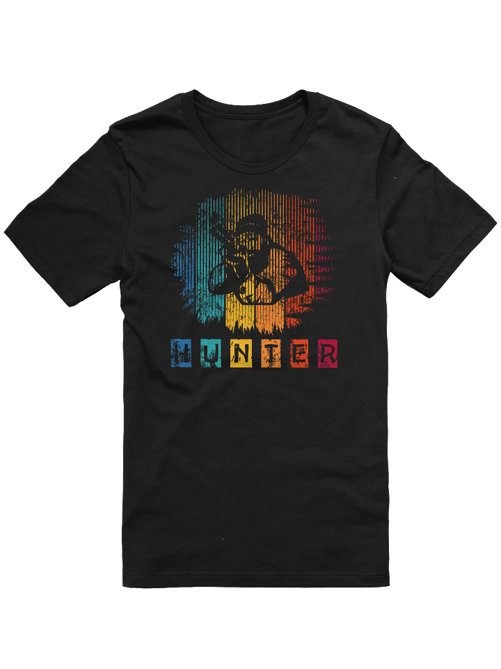 Retro Colorful Hunter T-Shirt – Distressed Silhouette & Bold Rainbow Design for Hunting Fans product image (1)