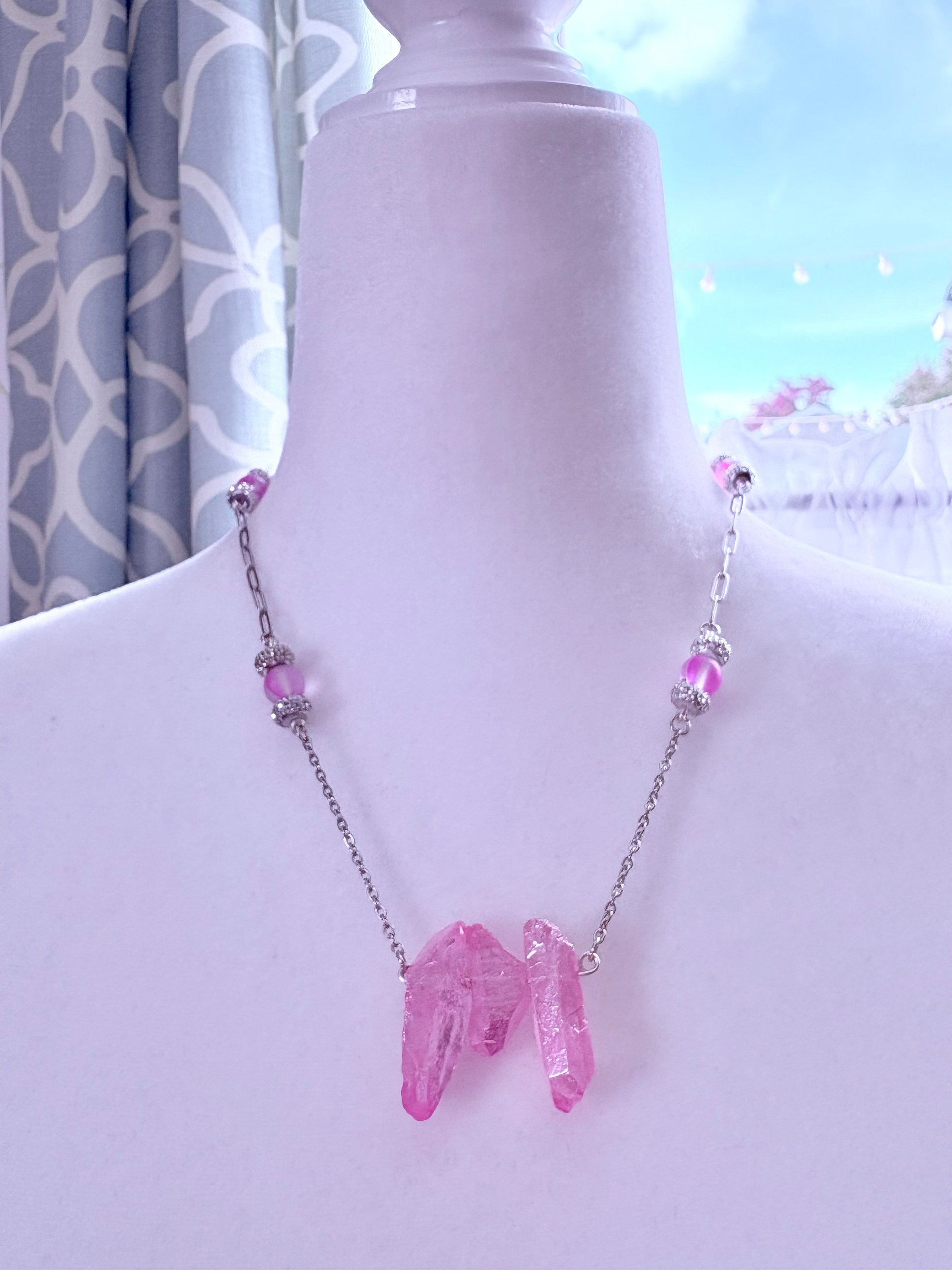 MFD-00269 | Pink Glass Crytal Pendant Necklace with Stainless Steel Link Chain and Paperclip Chain | October Birthstone Inspired | Handmade Jewelry by Monique Faella Designs™ product image (3)