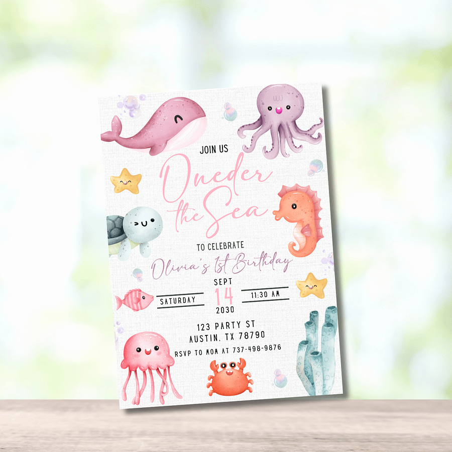 Oneder the Sea Birthday Invitation | Girl 1st Birthday Party Under the Sea | Editable Canva Template | Ocean Mermaid Sea Animals Theme product image (8)