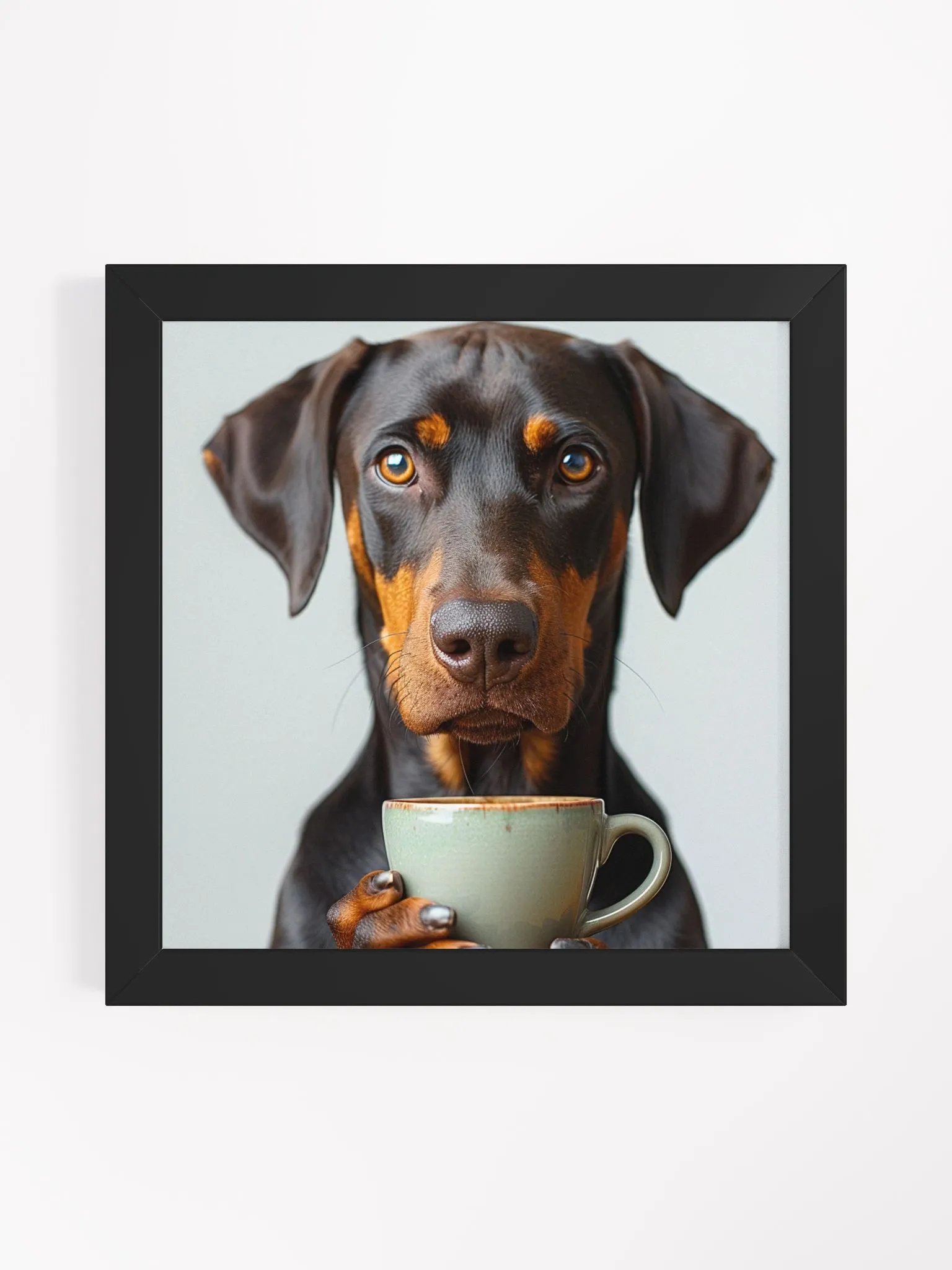 Cute Coffee Lover Doberman Pinscher Puppy Framed Wall Art product image (1)