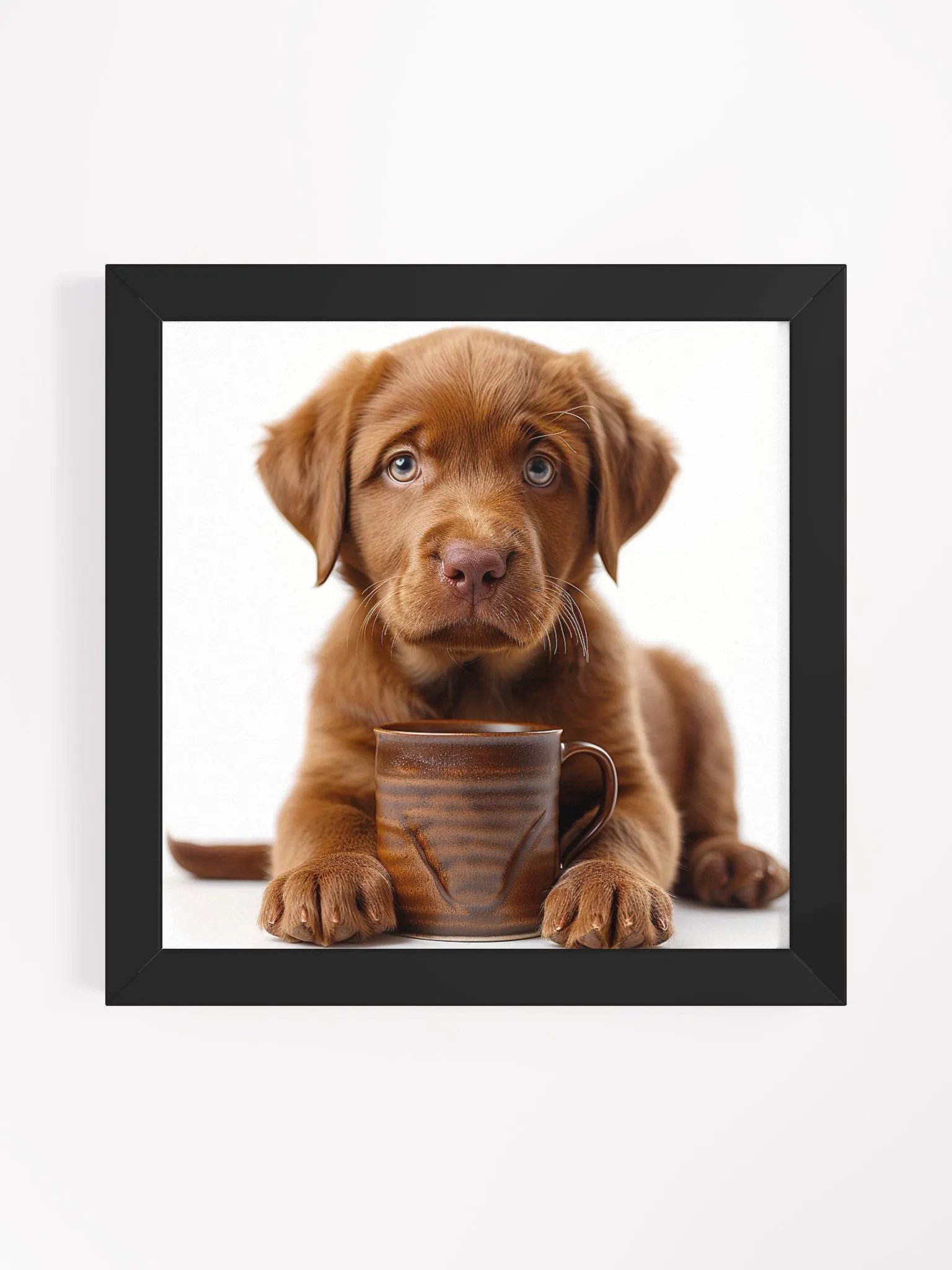 Cute Coffee Lover Brown Labrador Retriever Puppy Framed Wall Art product image (1)