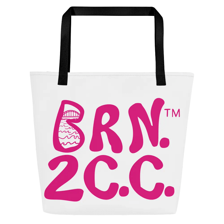 BRN.2C.C.™ | Large Tote Bag with Pocket | Coastal Classic | All-Over Logo Print | Pink Logo on White product image (2)