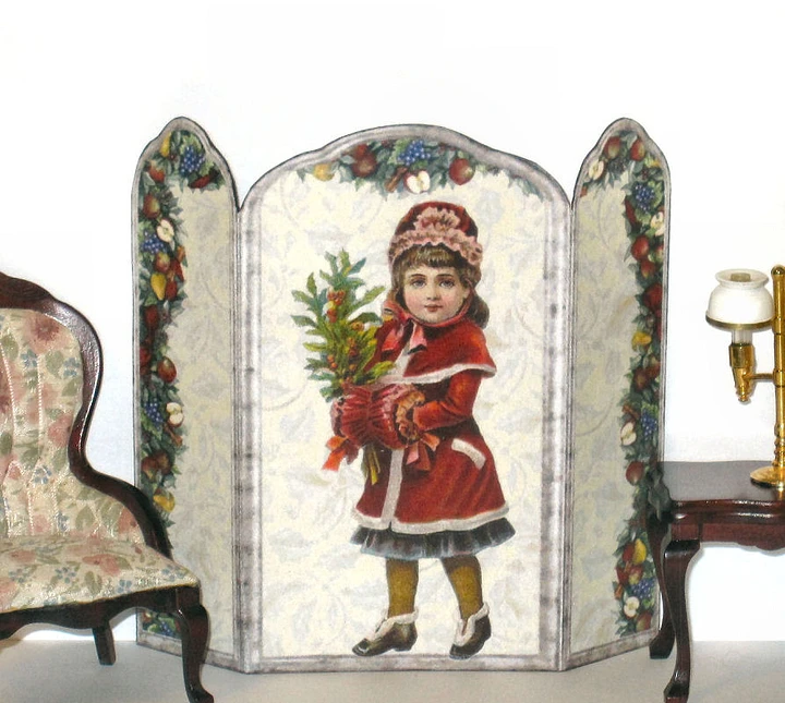 Victorian Christmas Girl Dollhouse Miniature Room Screen 1:12 Scale N021 product image (1)