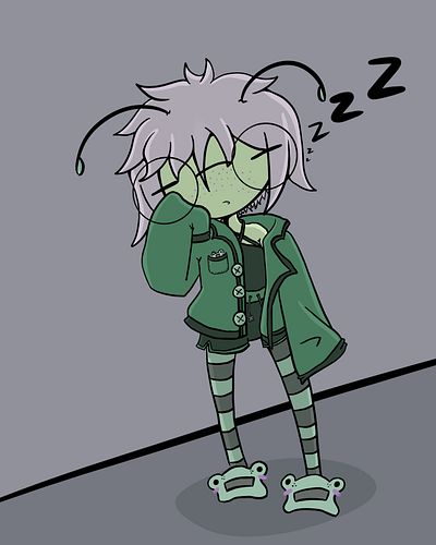 The origin of the sleepy Rhaps PJ outfit design. The frog in the pocket is the best part. That and frog slippers. 

 #vtubere...