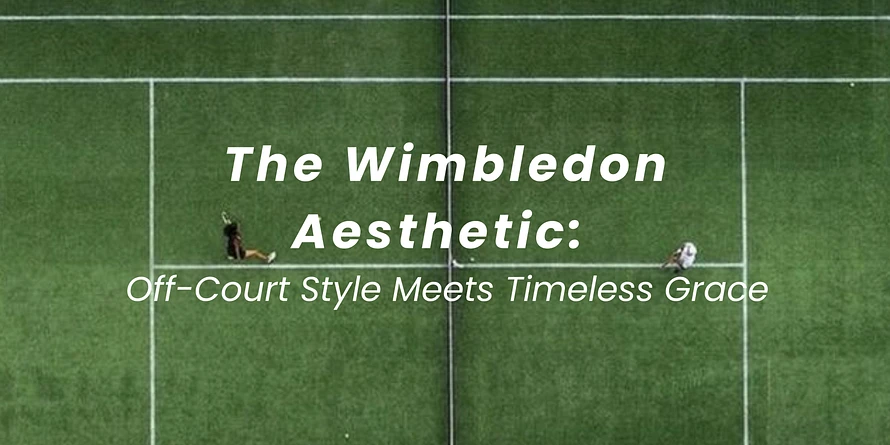 pov image of camera filming two people playing tennis at wimbledon championship 2025 in a green tennis court. people are reading an article and blog posts about the wimbledon aesthetic, the off-court style meets timeless grace