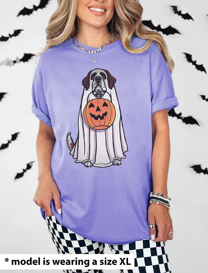 Funny Halloween Saint Bernard(Mahogany) T-Shirt | Funny Dog Wearing a Ghost Costume and Holding a Pumpkin Basket product image (24)