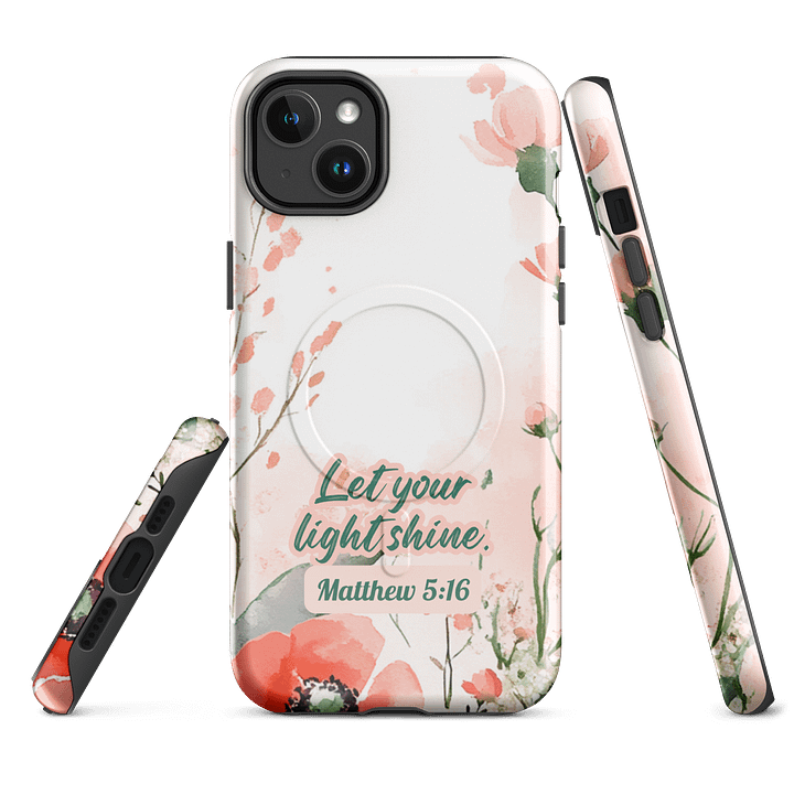 Let your Light Shine Matthew 5:16, Inspirational Gift, Tough iPhone Magnetic Case Scripture, Sunflower Bible Verse, MagSafe® iPhone® Tough Case, iPhone 14, iPhone 15, iPhone 16, Pro, Pro Max, Plus. product image (1)