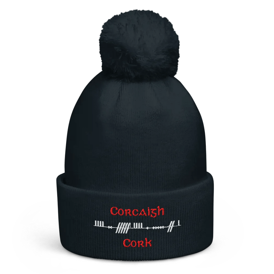 Cork/Corcaigh, Scholastic Style Ogham, red and white, embroidered Pom-Pom Beanie product image (1)