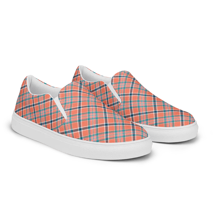 Orange Coral and Blue Plaid Women's Slip-On Shoes product image (2)