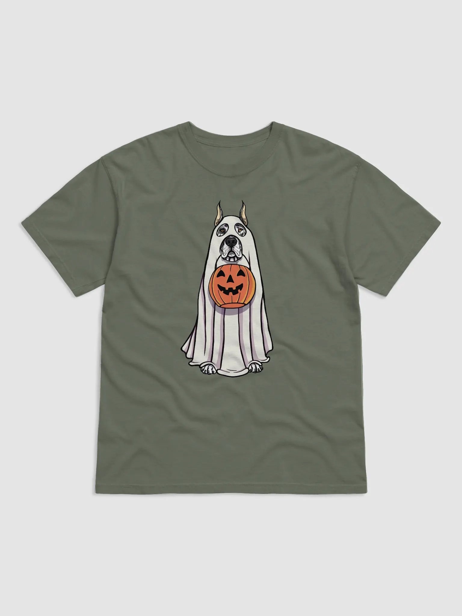 Funny Halloween Great Dane(Cropped Ears, Harlequin) T-Shirt | Funny Great Dane Wearing a Ghost Costume and Holding a Pumpkin Basket product image (8)
