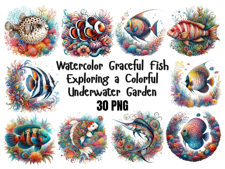 Watercolor Graceful Fish Exploring a Colorful Underwater Garden PNG, Cute Sea Creatures Clipart, PNG Download, Sea Life Bundle product image (1)