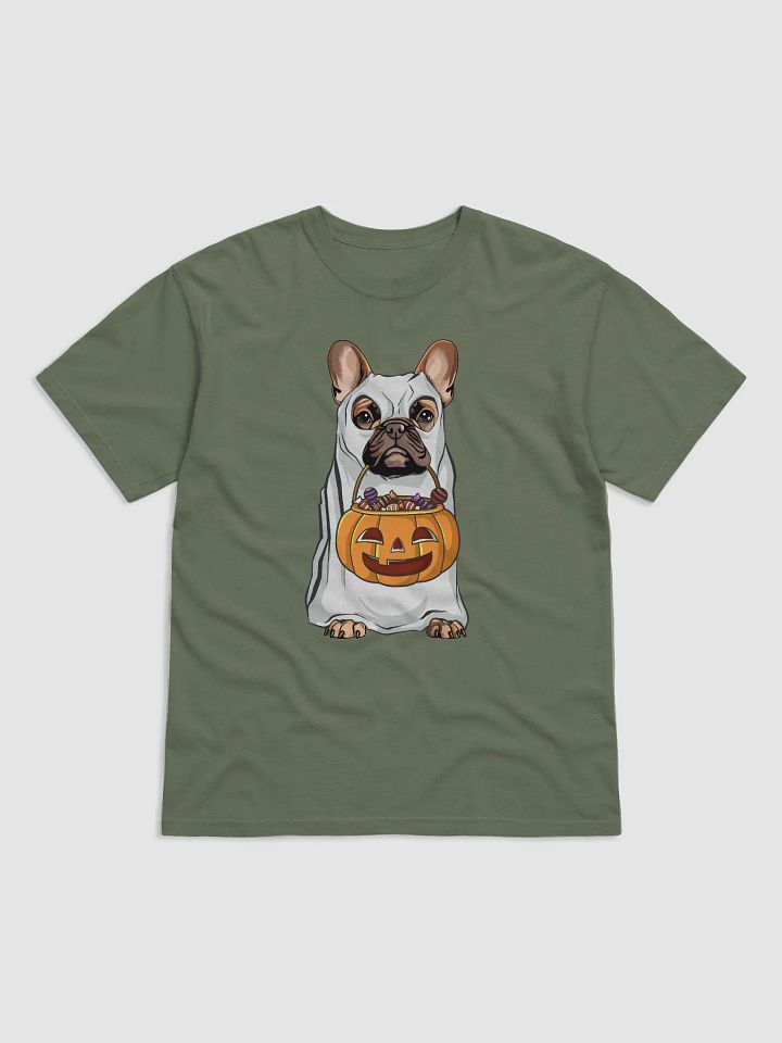 French Bulldog Halloween Tee | Funny Fall Halloween Frenchie Wearing a Ghost Costume with Pumpkin Basket product image (2)