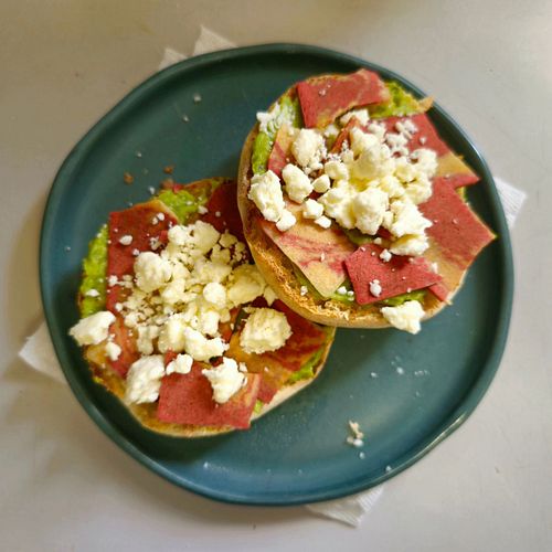 Been enjoying this for breakfast lately. Avocado/diced egg/everything seasoning, fake bacon, and feta on an English muffin. S...