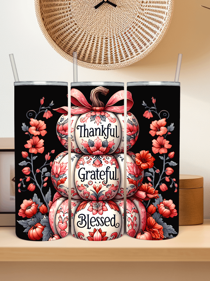 Thankful Grateful Blessed Pink & White Sublimation Design Stainless Steel Tumbler. product image (2)