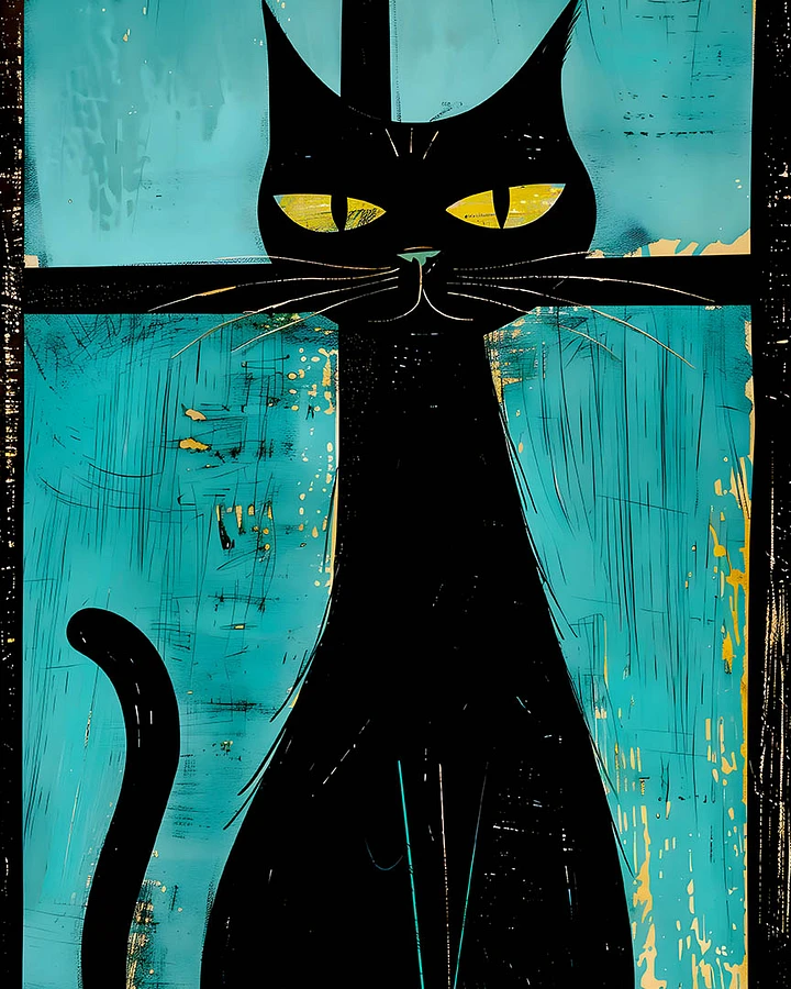 Mystic Gaze: Black Cat with Vintage Teal Background Art Matte Poster product image (1)