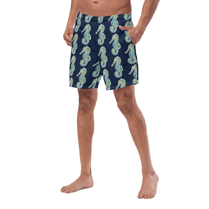 Painted Seahorses on Navy Blue | Men’s Swim Trunks | Coastal Swimwear for Men 🐚 Quick-Dry + UPF 50+ | Monique Faella Designs™ product image (2)