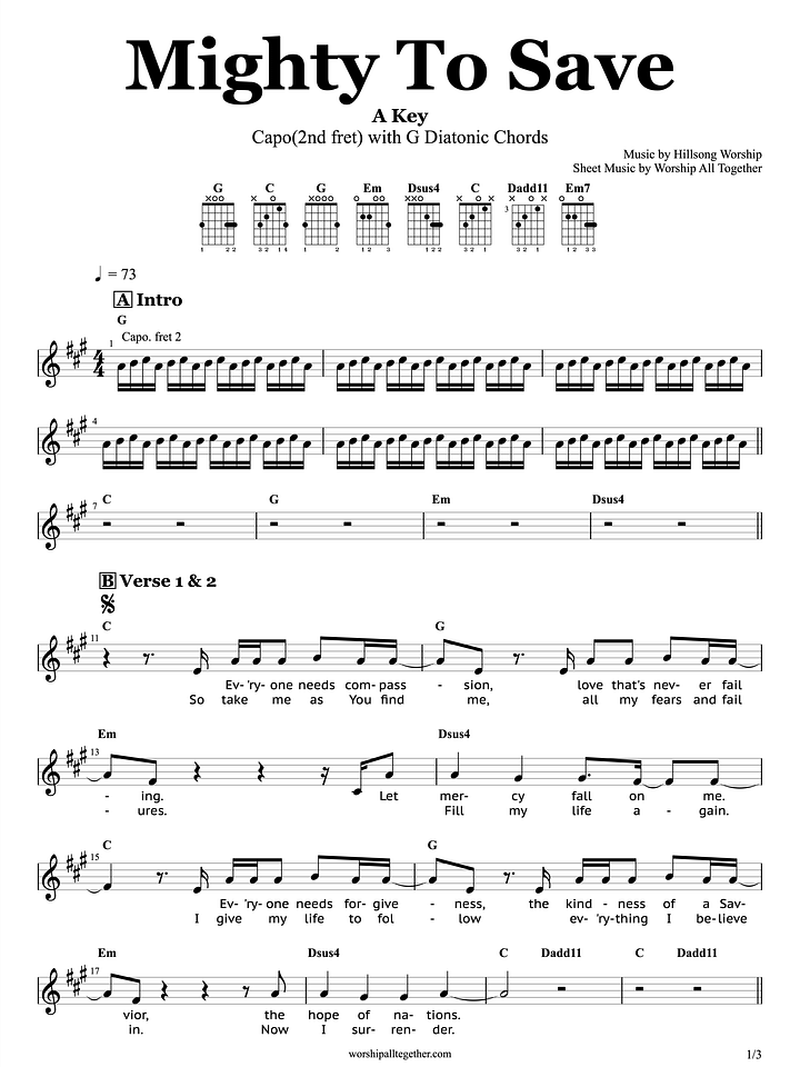 Mighty To Save (A Key with Capo in G Diatonic) - Hillsong Worship | Sheet Music, Chord, Lyrics product image (1)