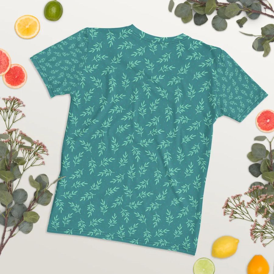 Ladies T shirt all over print teal color  leafy design  giving a fresh healthy feel. product image (12)