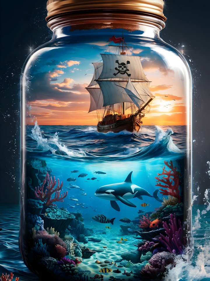 Pirate Ship in a Jar Poster – Surreal Ocean Fantasy Wall Art product image (1)