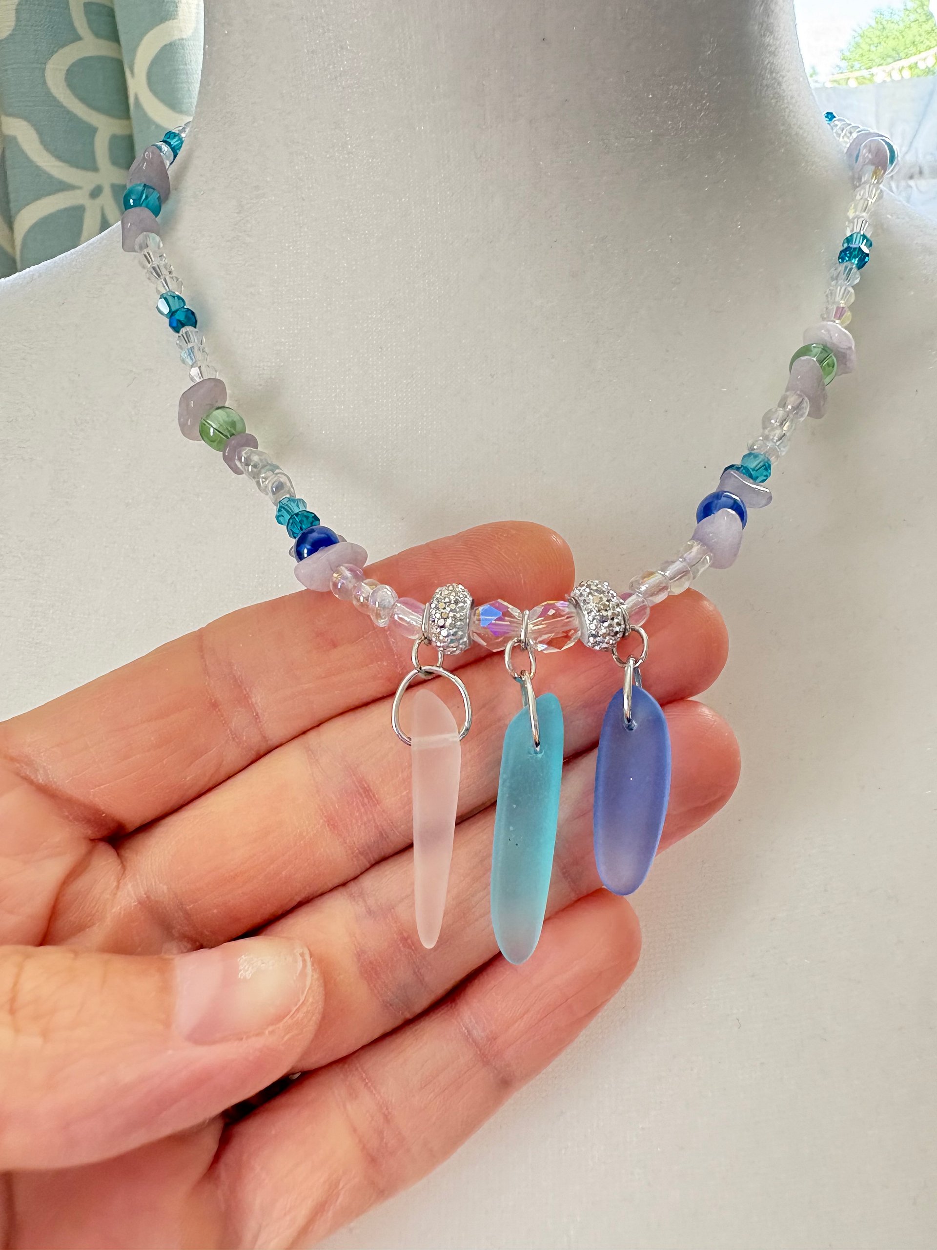 MFD-00032 | Tri-Sea Glass Pendant Necklace | Coastal Blues & Glass Beads | Handmade Coastal Charm Jewelry by Monique Faella Designs™ product image (3)