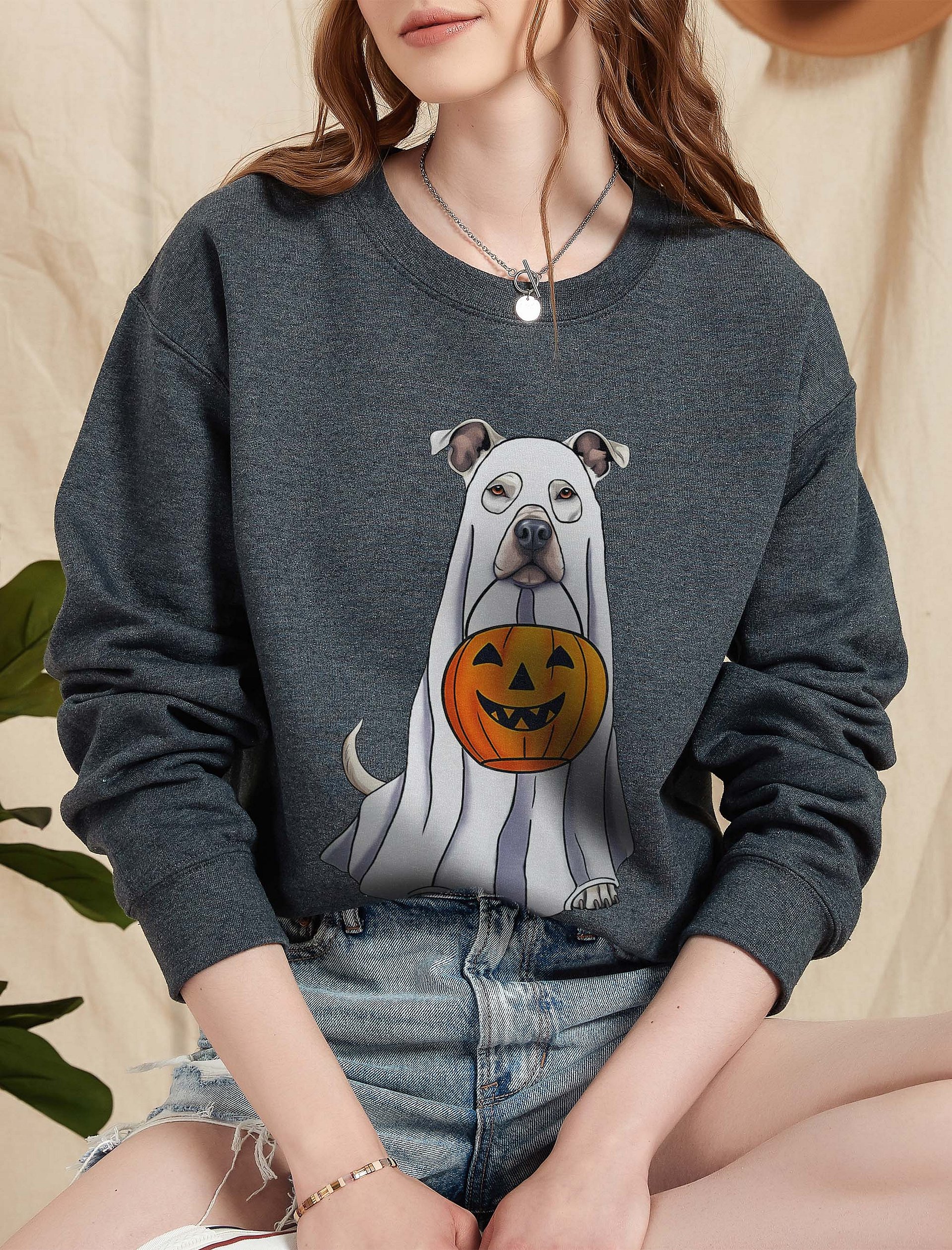Pitbull(White) Halloween Sweatshirt | Funny Halloween Staffordshire Wearing a Ghost Costume with Pumpkin Basket product image (5)
