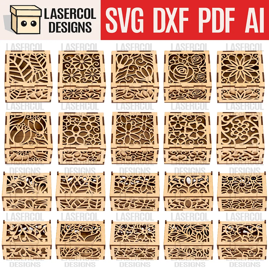 Boxes Bundle Set 1 & 2 (2 Sizes, 10 Styles Each) - Laser Cut Files product image (1)