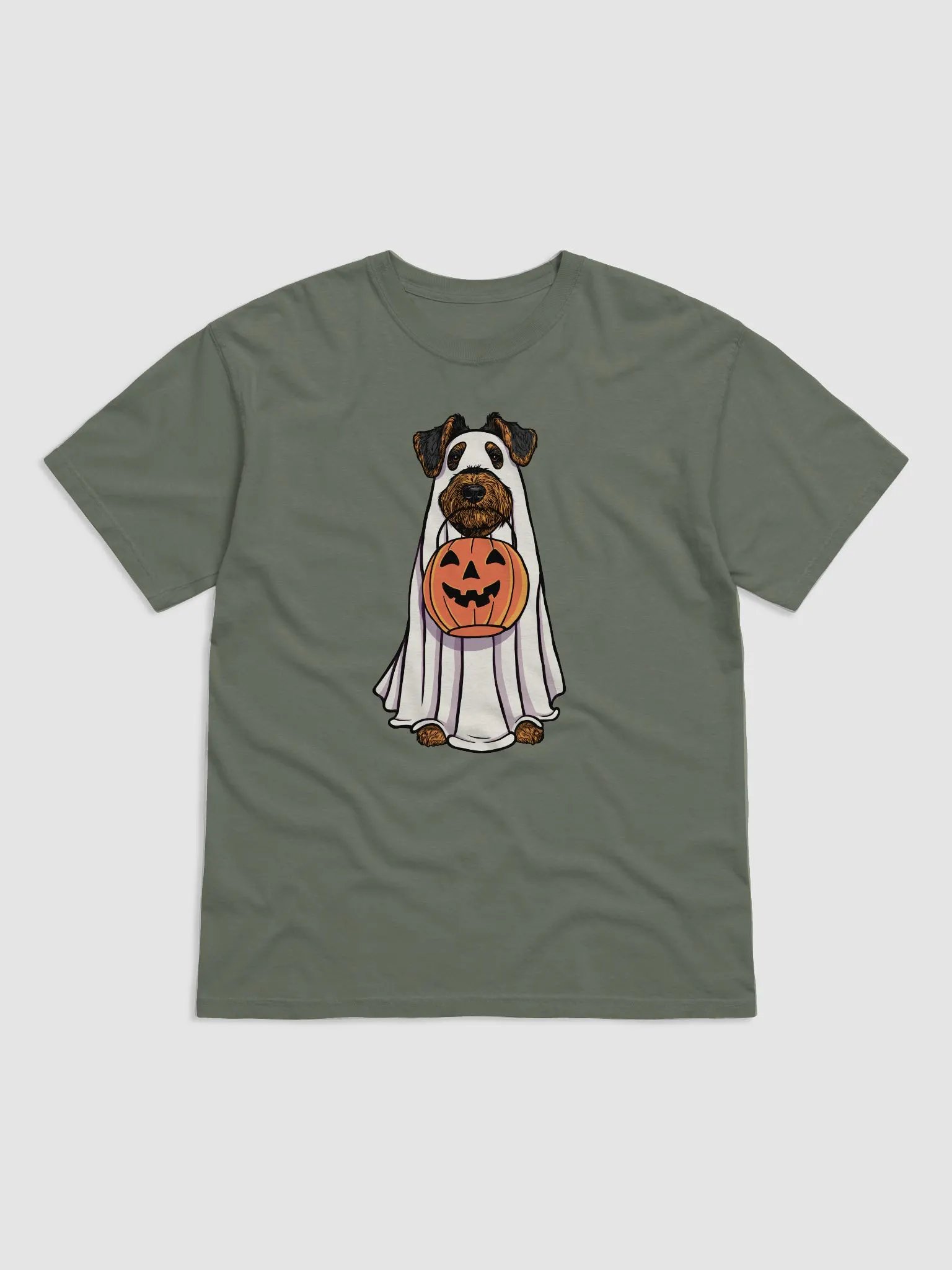 Funny Halloween Airedale Terrier(Black & Tan) T-Shirt | Funny Airedale Wearing a Ghost Costume and Holding a Pumpkin Basket product image (8)