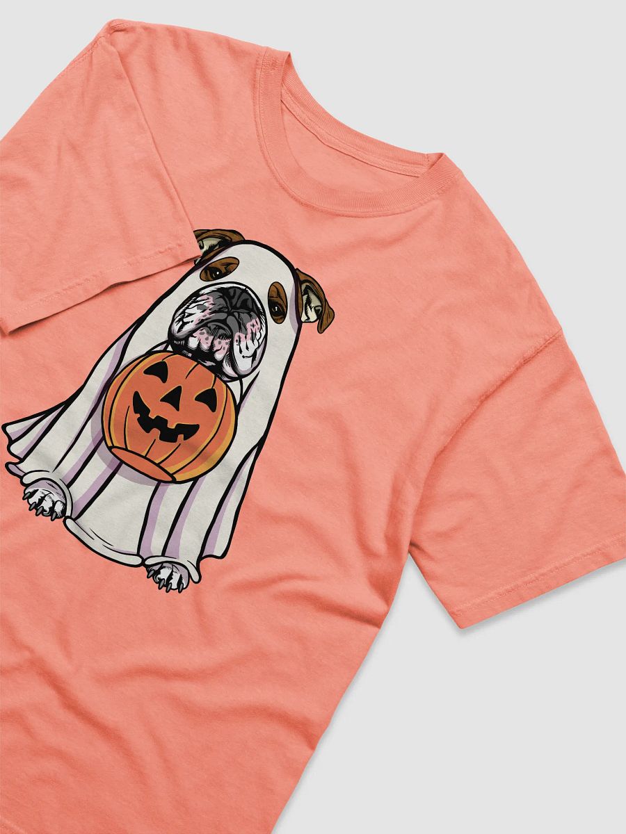 Funny Halloween English Bulldog(Brindle) T-Shirt | Funny English Bulldog Wearing a Ghost Costume and Holding a Pumpkin Basket product image (24)