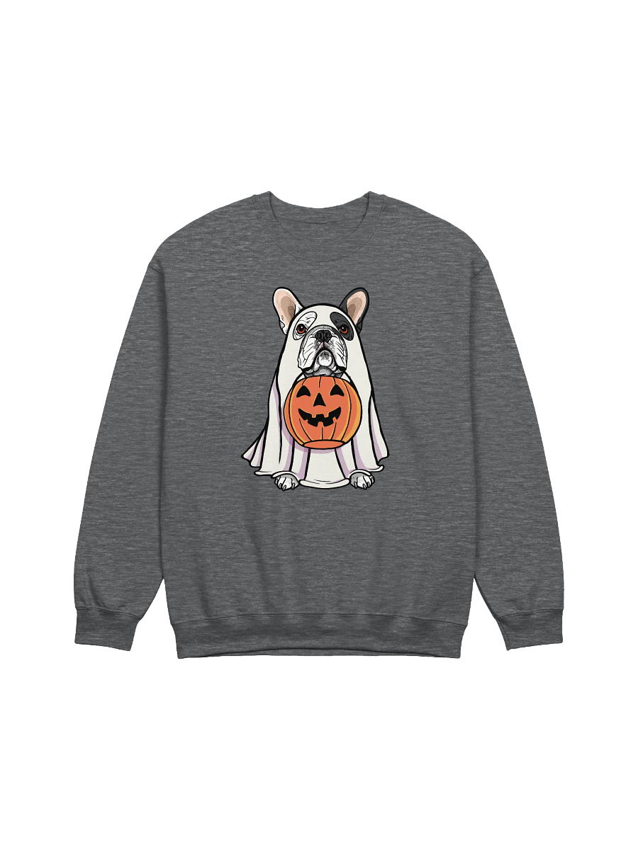 Funny Halloween French Bulldog(Pied) Sweatshirt | Funny Frenchie Wearing a Ghost Costume and Holding a Pumpkin Basket product image (7)