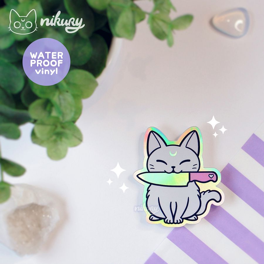 Holographic White Stabby Cat Sticker product image (4)