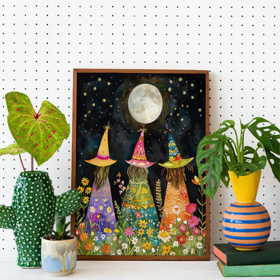 Whimsical Witches Under The Fullmoon Colorful Art Print product image (27)
