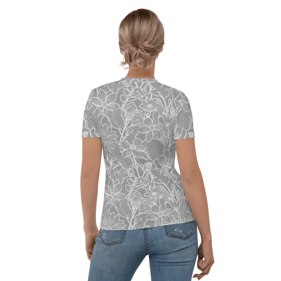 Line art Gray and White Floral/All-Over Print Women's Crew Neck T-Shirt by Sublicolor product image (1)